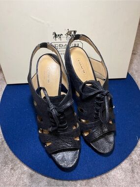 Coach Black Leather Lace-Up Peep Toe Slingback Heels